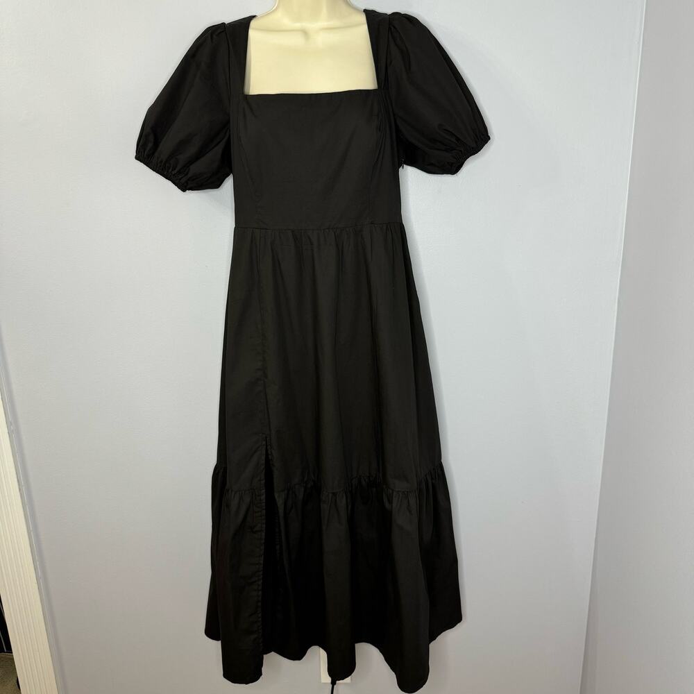ASTR the Label Poplin Puff Sleeve Tiered Midi Dress Black Staple Minimalist Sz M - Picture 3 of 13